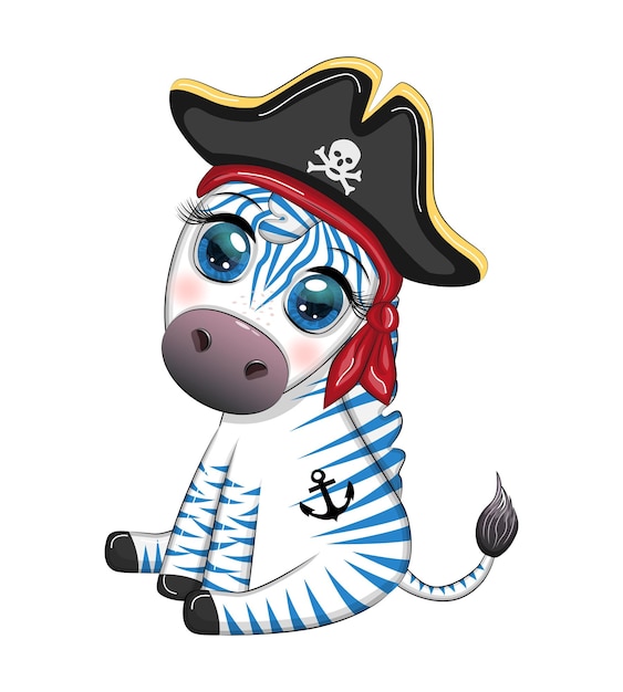 Simpatico pirata zebra in un cappello a tre punte con una benda sull'occhio pirati e isole del tesoro e palme