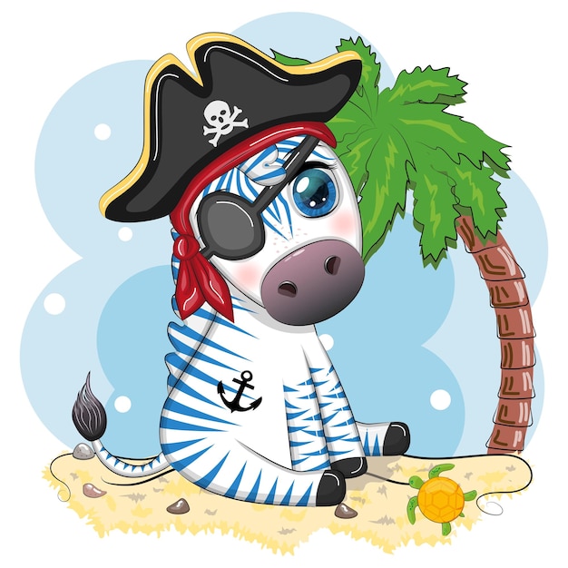 Cute zebra pirate in a cocked hat with an eye patch Pirates and treasures islands and palm trees