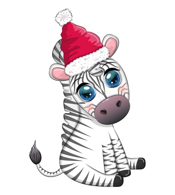 Cute zebra in santa hat with christmas ball candy kane gift Wildlife holidays cartoon character