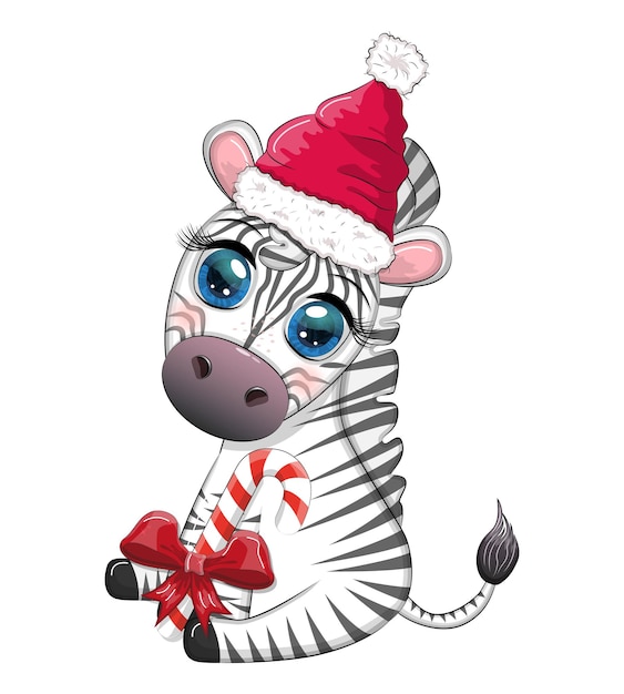 Cute zebra in santa hat with christmas ball candy kane gift Wildlife holidays cartoon character