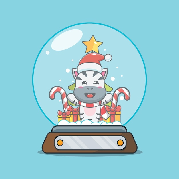 Cute zebra in snow globe cute christmas cartoon illustration