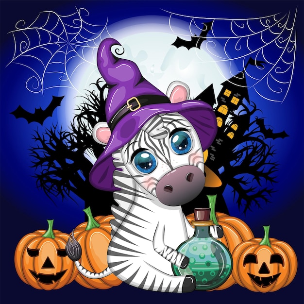 Cute zebra in witch hat with broom pumpkin jack magic potion Poster card label and decoration for Halloween