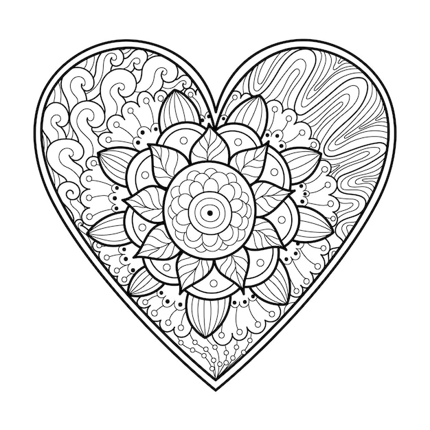 Cute zentangle floral heart coloring page Black and white love pattern for antistress coloring book