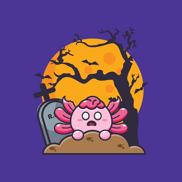 Cute zombie axolotl rise from graveyard in halloween day. 
Cute halloween cartoon illustration.