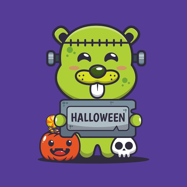 Cute zombie beaver holding halloween greeting stone. cute halloween cartoon illustration.