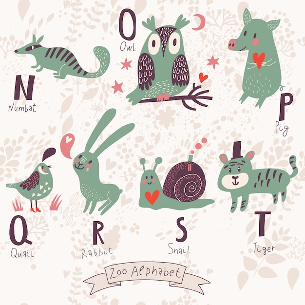 Cute zoo alphabet in vector N o p q r s t letters