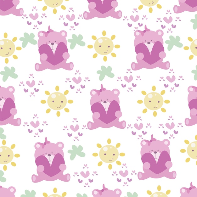 Cutes bear pink color with sun smile vector seamless pattern design