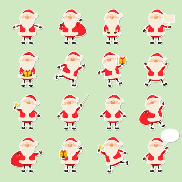 Cutesanta claus paper sticker icon set in flat style christmas collection xmas and new year