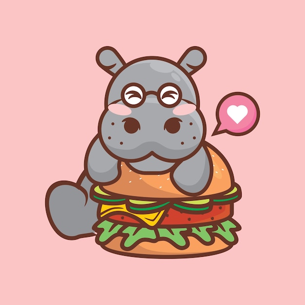 Vettore l'ippopotamo più carino che mangia l'illustrazione piana del fumetto dell'hamburger su vector