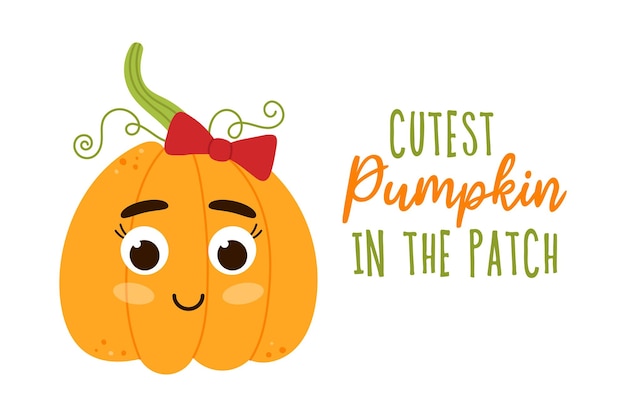 Vector cutest pumpkin in the patch hand drawn lettering little cute girl pumpkin with red bow