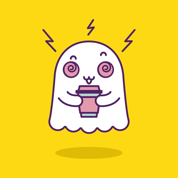 Cutie friendly ghost eating a coffee cup isolated on yellow background