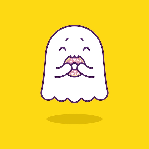 Cutie friendly ghost eating a pink donut isolated on yellow background.