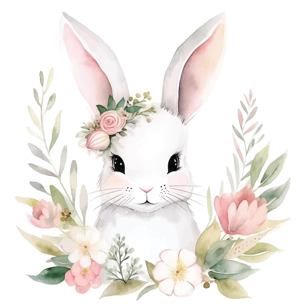 꽃 수채화로 둘러싸인 귀염둥이 토끼