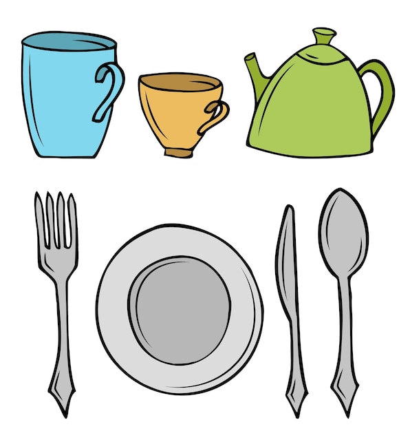 Vector cutlery dishes plate with fork knife and spoon a large blue mug a small yellow tea cup and a green teapot colored isolated objects with a dark outline