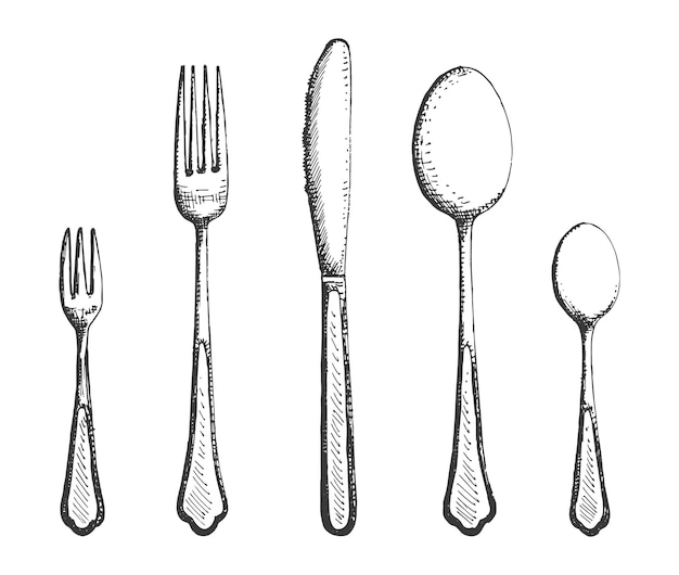 Cutlery fork spoon vector sketch hand drawing isolated