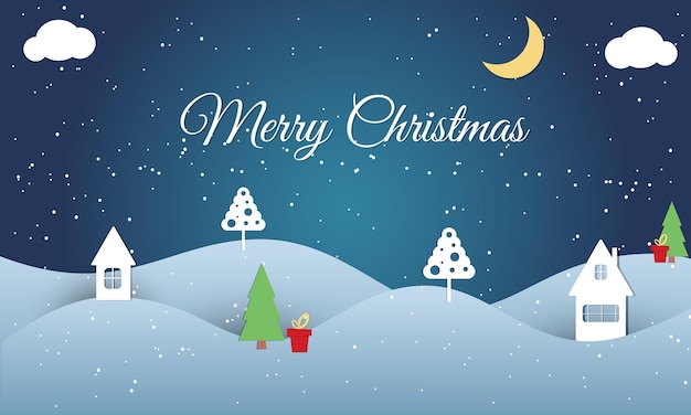 Cutout paper style Merry Christmas and Happy New Year on a dark blue background Cutout paper style