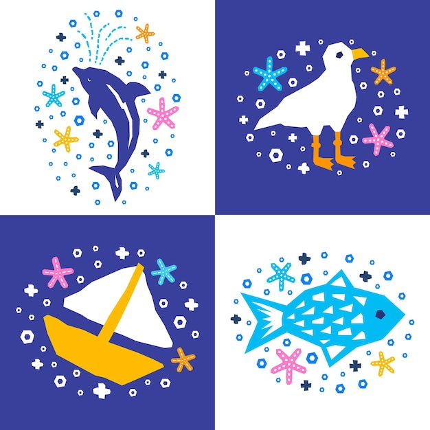 Vector cutout sea animal cards