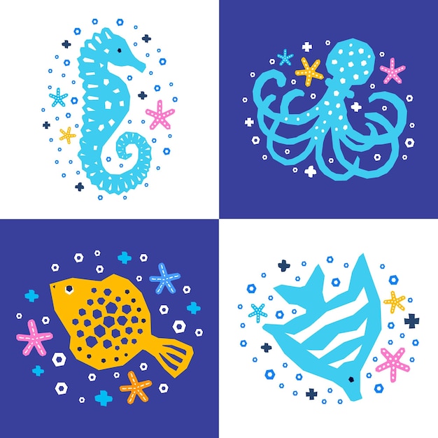 Cutout style sea animal cards