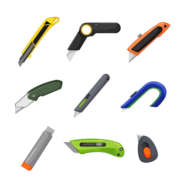 Cutter knife set cartoon vector illustration