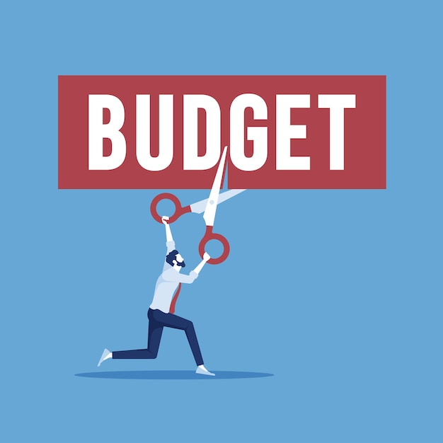 Vector cutting budget concept businessman using scissors to cutting word budget