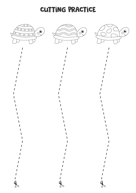 Практика стрижки для дошкольников. обрезать пунктирной линией. симпатичные черепахи.