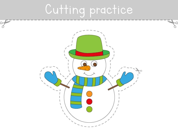 Cutting practice for kids worksheet. Educational game for children. Scissor activity. Cute Snowman