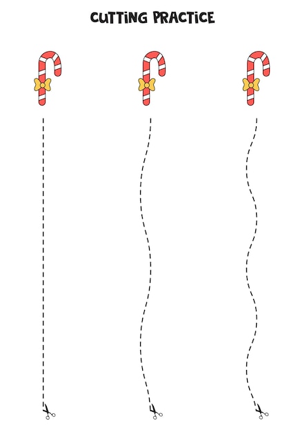 Cutting practice for preschool kids. cut by dashed line. christmas candy.