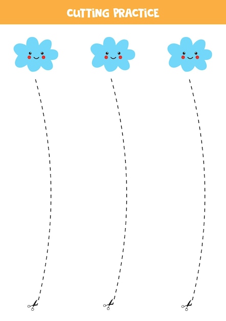 Cutting practice for preschool kids. cut by dashed line. cute kawaii clouds.