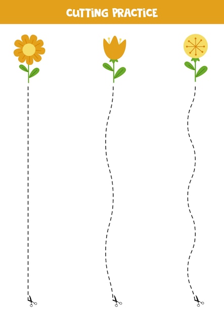 Pratica di taglio per bambini in età prescolare. taglia con una linea tratteggiata. fiori estivi carini.