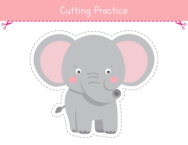 Cutting practice worksheet for kids Cut cute baby elephant activity for preschool and kinder