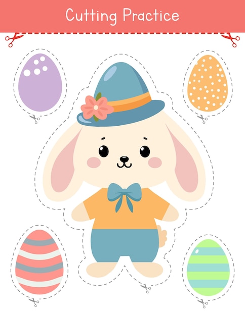 Cutting practice worksheet with Easter bunny and Easter eggs for preschool and kindergarten kids