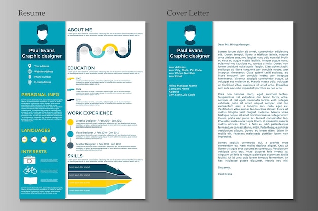 CV en sollicitatiebrief in vlakke stijl ontwerp op grijze achtergrond. CV-set met Infographics-elementen. Schone vector.