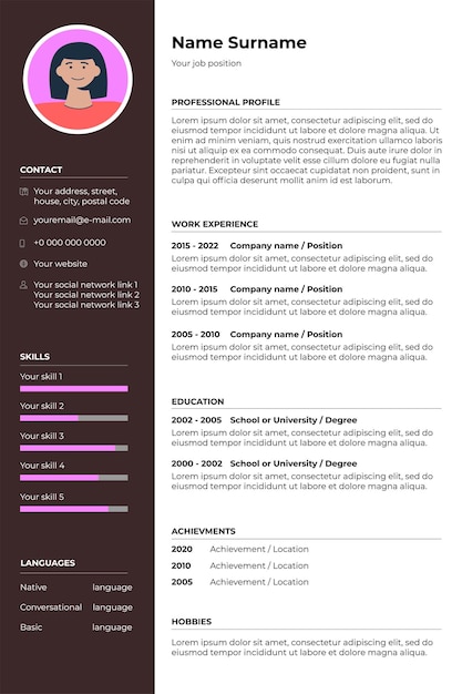 Vector cv-formuliersjabloon voor het zoeken naar een baan curriculum vitae interview voorbeeld leeg document met vrouw