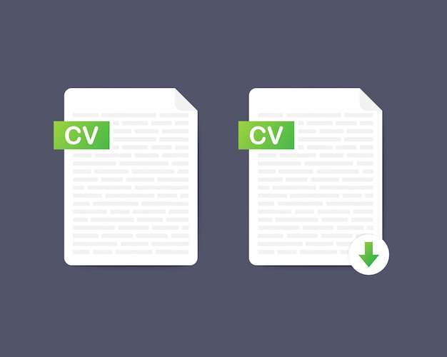 CV-knop downloaden. Documentconcept downloaden. Bestand met cv-label en pijl-omlaag-teken.