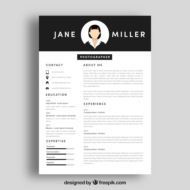 Vector cv template with top in black