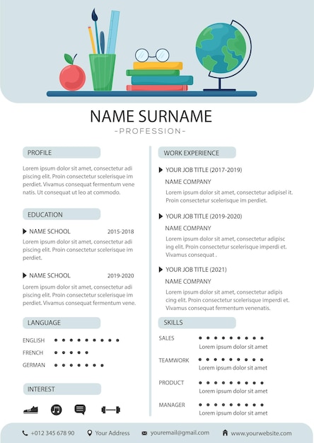 Vector cv templates resume for teacher with school subjects