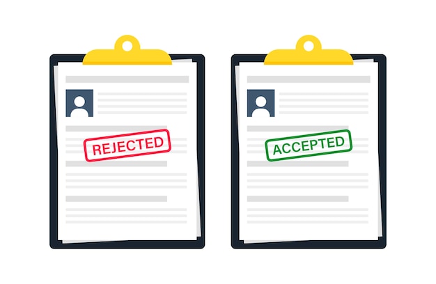 Cv with mark about rejected and accepted on clipboard. vector illustration