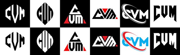 Vector cvm letter logo design in six style cvm polygon circle triangle hexagon flat and simple style with black and white color variation letter logo set in one artboard cvm minimalist and classic logo