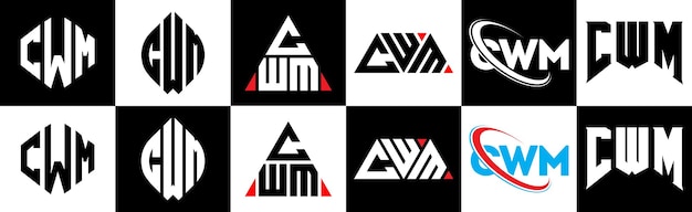 CWMの文字ロゴデザインは6つのスタイルでCWMの多角形円三角形六角形平らでシンプルなスタイルで黒と白の色のバリエーション文字ロゴが1つのアートボードにセットされているCWMのミニマリストとクラシックなロゴ