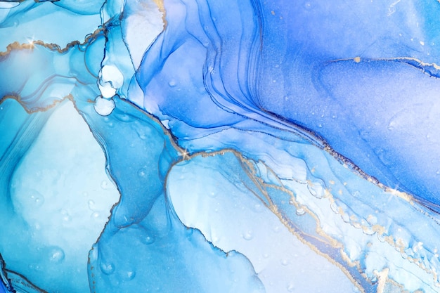 Cyan blue liquid watercolor background with golden stains teal turquoise and violet marble alcohol i