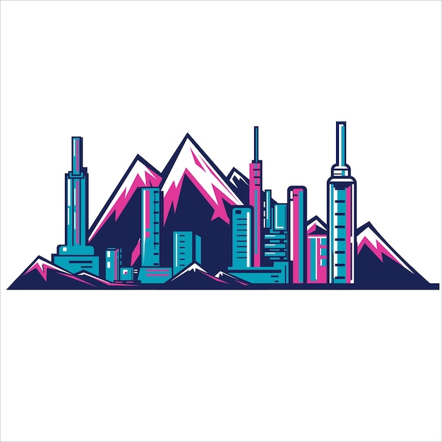 Vector cyan and pink city and mountain illustration