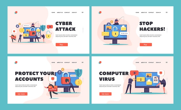 Cyber Attack Landing Page Template Set Hacker Phishing Stelen van persoonlijke gegevens in Internet Online Security Concept