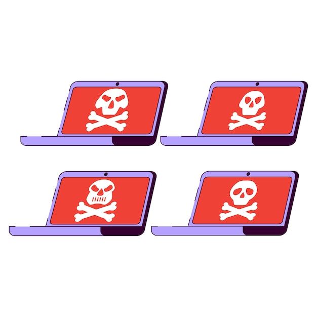 벡터 사이버 공격 해골 랜섬웨어 위협 기호 노트북 해킹 컴퓨터 바이러스 해커 공격