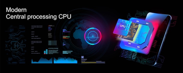 未来的な背景にプロセッサを搭載したサイバー バナー 強力な新世代のストリーム プロセッサ コンピューター用のデジタル チップ プロセスのストリーミングと処理情報 デジタル コンピューター技術