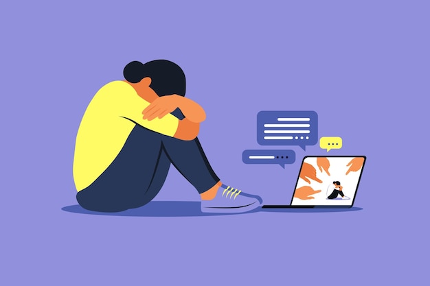 cyber bullying concept. depressed woman sitting on the floor. opinion and the pressure of society. shame. vector flat