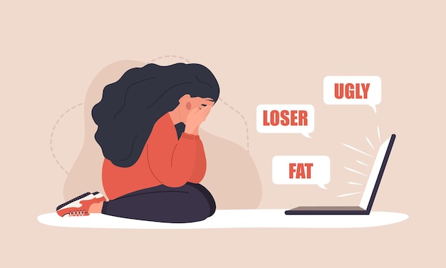 Vector cyber bullying. sad woman with laptop receiving pop up messages. online abuse concept.