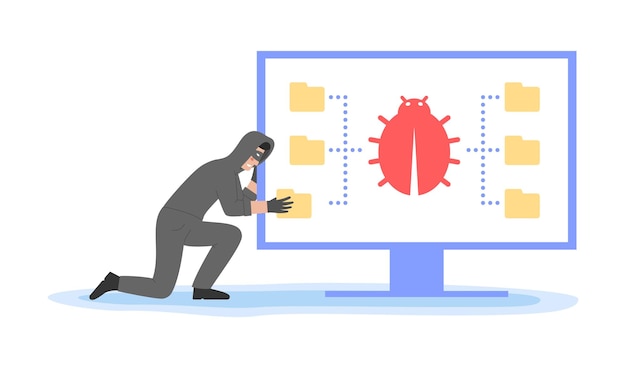 Cyber Crime Hacker Attack Concept Hacker Cheater In Face Mask Stealing Folder Personal Data Data User Login And Password From PC Using Malware Cartoon Outline Linear Flat Vector Illustration