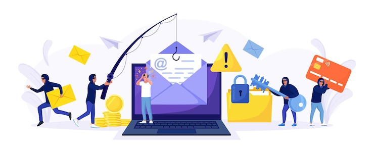 Vector cyber criminals phishing stealing private personal data, credentials, password, bank document and credit card. tiny anonymous hackers attacking computer, hacking  email. cyber crime, hacker attack