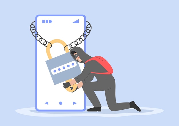 Cyber criminals phishing stealing private personal data hack user login password hacker try to attack mobile phone security using malware cartoon outline linear flat style vector illustration