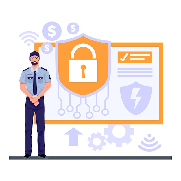 Vettore concetto online di protezione dei dati informatici, guardia di sicurezza in piedi e dati del computer.